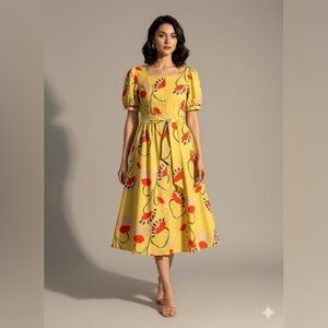 SHEIN Yellow Floral Midi Dress - Size S Square Neck Puff Sleeve